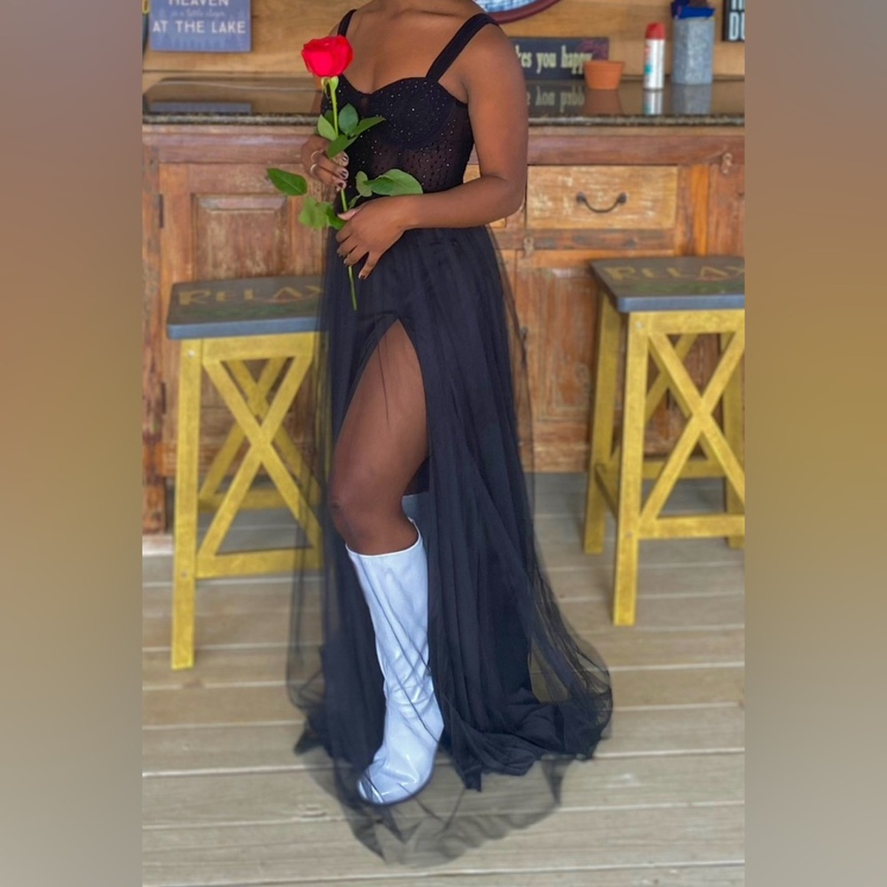 Windsor Sheer Black Formal Diamond studded dress